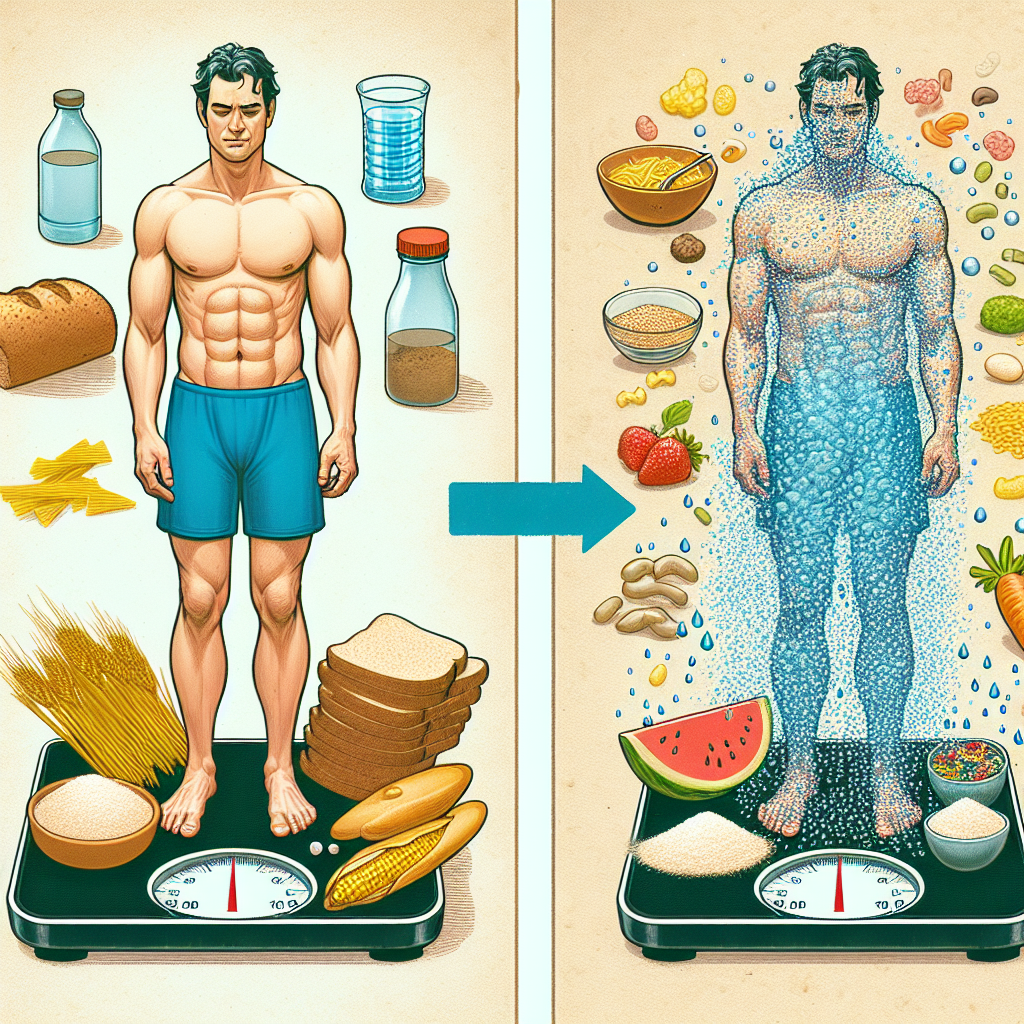 A visual metaphor illustrating the relationship between carbohydrates, water weight, and the 'Jojo Effect' in the context of low-carb diets. A person is standing on a scale. On one side, a pile of common carbohydrates (e.g., bread, pasta, rice) is subtly depicted, with faint water droplets visibly separating from them and causing the scale to temporarily show a lower weight. On the other side, these water droplets are returning to the body/scale, making the weight increase again, symbolizing the weight regain after a low-carb diet. The image should be clean, scientific yet approachable, with a clear sense of cause and effect.