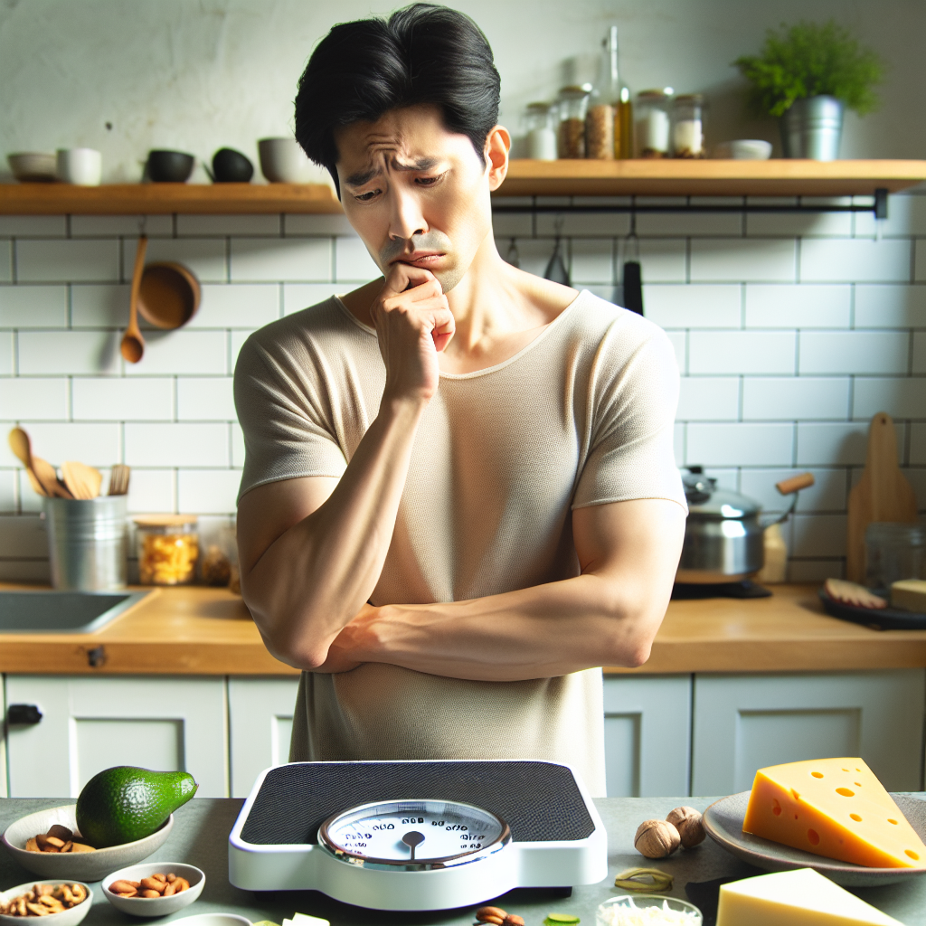 A person with a frustrated or confused expression standing on a weighing scale, looking down at the numbers with disappointment. Around them, a kitchen counter is filled with typical low-carb foods like a generous portion of cheese, sliced avocado, nuts, and a large piece of grilled meat. The scene conveys a sense of 'effort without reward' in a clean, modern kitchen setting, with soft, natural lighting.