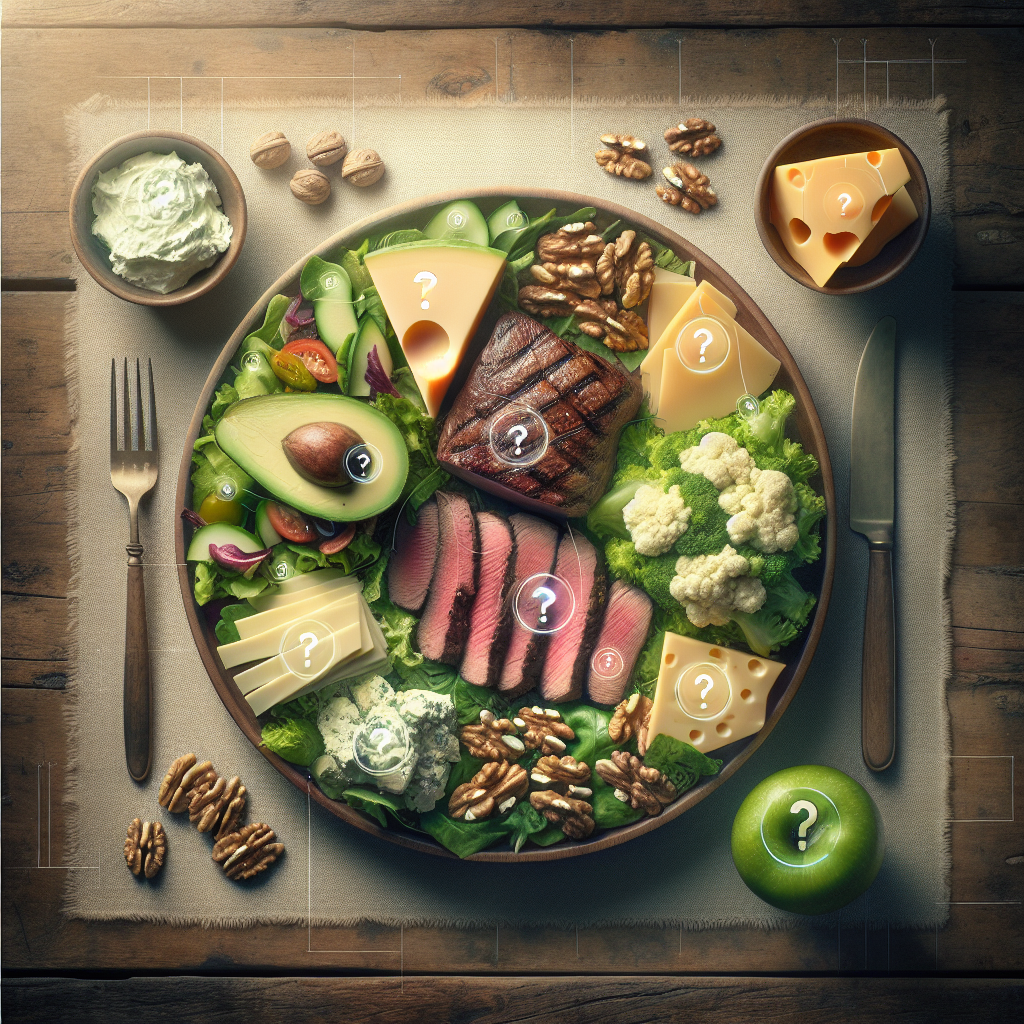 An overhead shot of a beautifully arranged but calorically dense low-carb meal on a rustic wooden table. The plate features a large, creamy avocado salad, a generous steak, a handful of walnuts, and several slices of artisanal cheese. A subtle, transparent question mark hovers above the plate, symbolizing the 'hidden calories' or the mystery of no weight loss. The background is slightly blurred, focusing on the food with warm, inviting light.