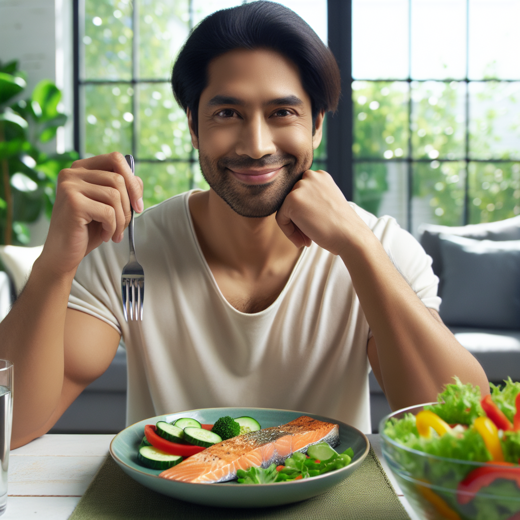 A person with a calm, satisfied smile, looking genuinely full and content, enjoying a beautifully presented plate of healthy low-carb food. The meal features a grilled salmon fillet, a large vibrant green salad with colorful bell peppers and cucumber, and sliced avocado. The setting is bright and inviting, emphasizing a feeling of effortless satiety and well-being. Realistic, high-quality photograph.