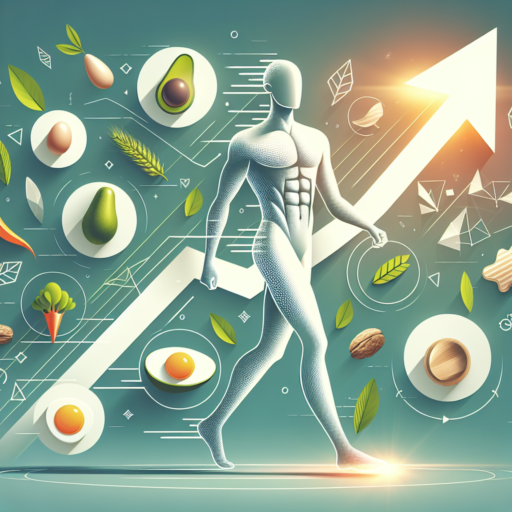 A vibrant, conceptual illustration representing 'Low Carb abnehmen ohne Hunger'. A sleek, stylized person (gender-neutral, lean figure) is confidently striding forward, with an upward arrow indicating progress and a subtle glow of energy. Around them are elegant, floating icons of various low-carb foods (e.g., an egg, a piece of fish, a leafy green vegetable, an avocado, nuts) and abstract elements suggesting lightness, sustained energy, and the absence of hunger. Clean lines, modern art style, bright and optimistic colors.