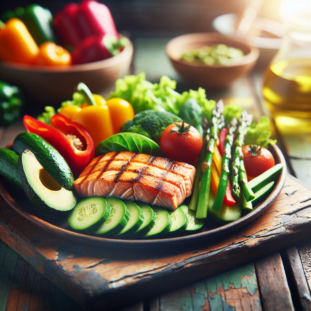 A vibrant and appetizing low-carb meal artistically arranged on a rustic wooden table. The plate features grilled salmon or chicken, a generous portion of fresh green leafy vegetables, colorful bell peppers, and sliced avocado. The background is softly blurred to suggest a comfortable home environment, emphasizing healthy eating without the context of a gym or exercise.