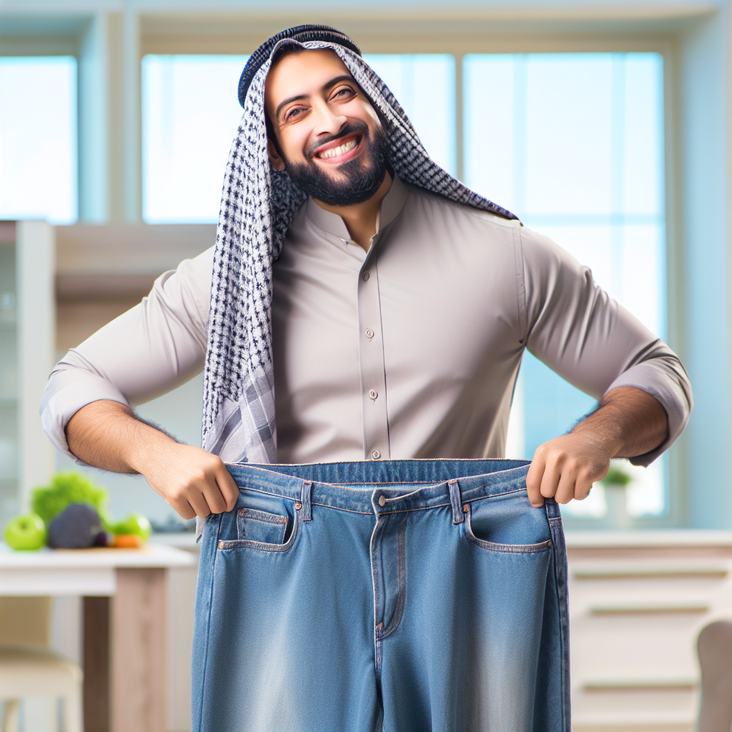 A smiling, relaxed person in their 30s-40s, dressed in comfortable everyday clothes, standing in a bright and tidy kitchen or living room. They are playfully holding up a pair of slightly too-large trousers or jeans, indicating successful weight loss. The overall atmosphere is calm and content, deliberately avoiding any sports or exercise equipment, to emphasize weight loss achieved through diet alone.