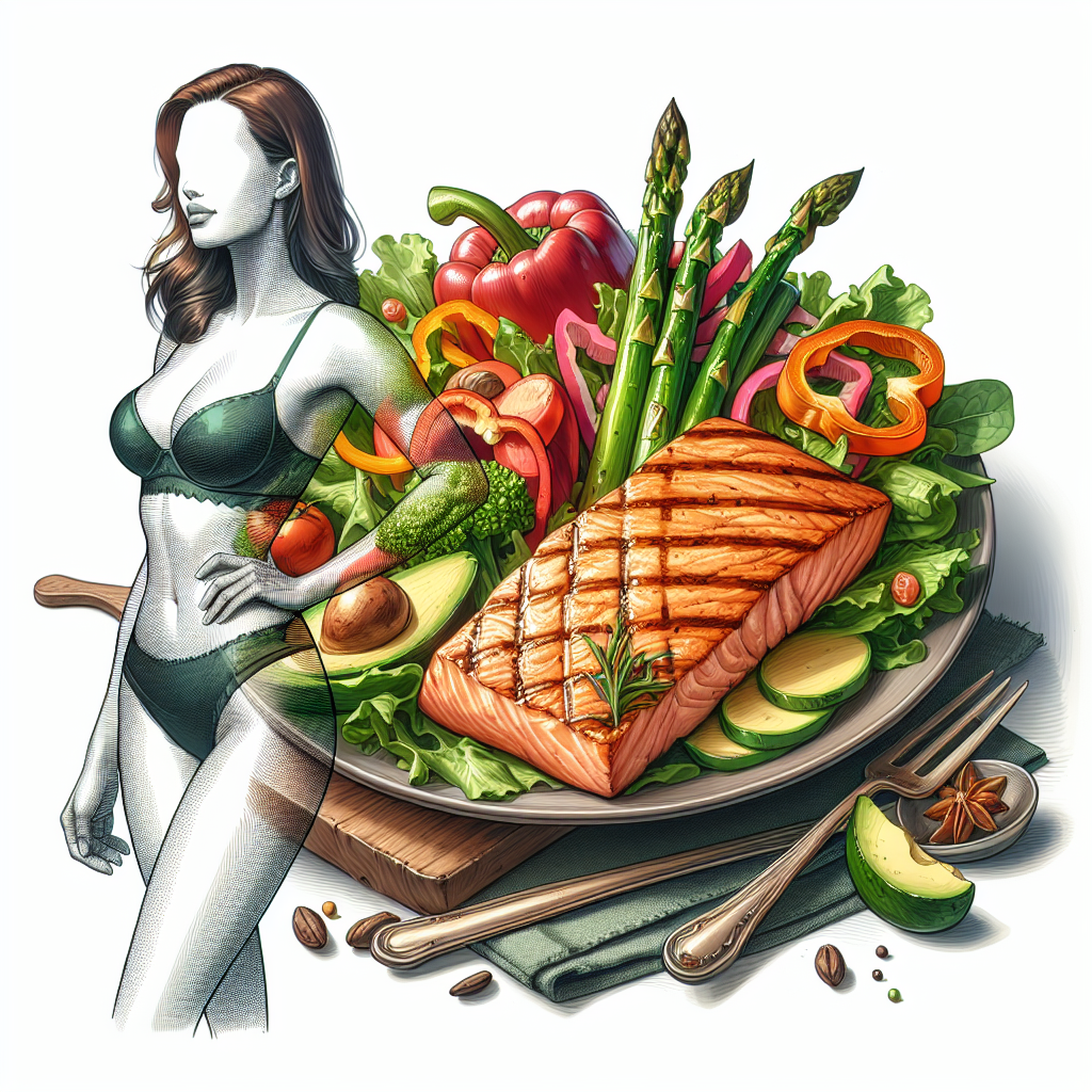 A gourmet, close-up photograph of a vibrant and delicious low-carb meal, such as a plate of perfectly cooked salmon with roasted asparagus and colorful bell peppers, or a hearty steak salad with avocado and mixed greens. The food looks abundant, satisfying, and full of flavor. In the soft, blurred background, a person with a healthy, stable physique is seen smiling gently, radiating contentment and wellness, completely unconcerned with weight. The scene emphasizes enjoyment and sustained energy from good food, with warm, natural lighting.