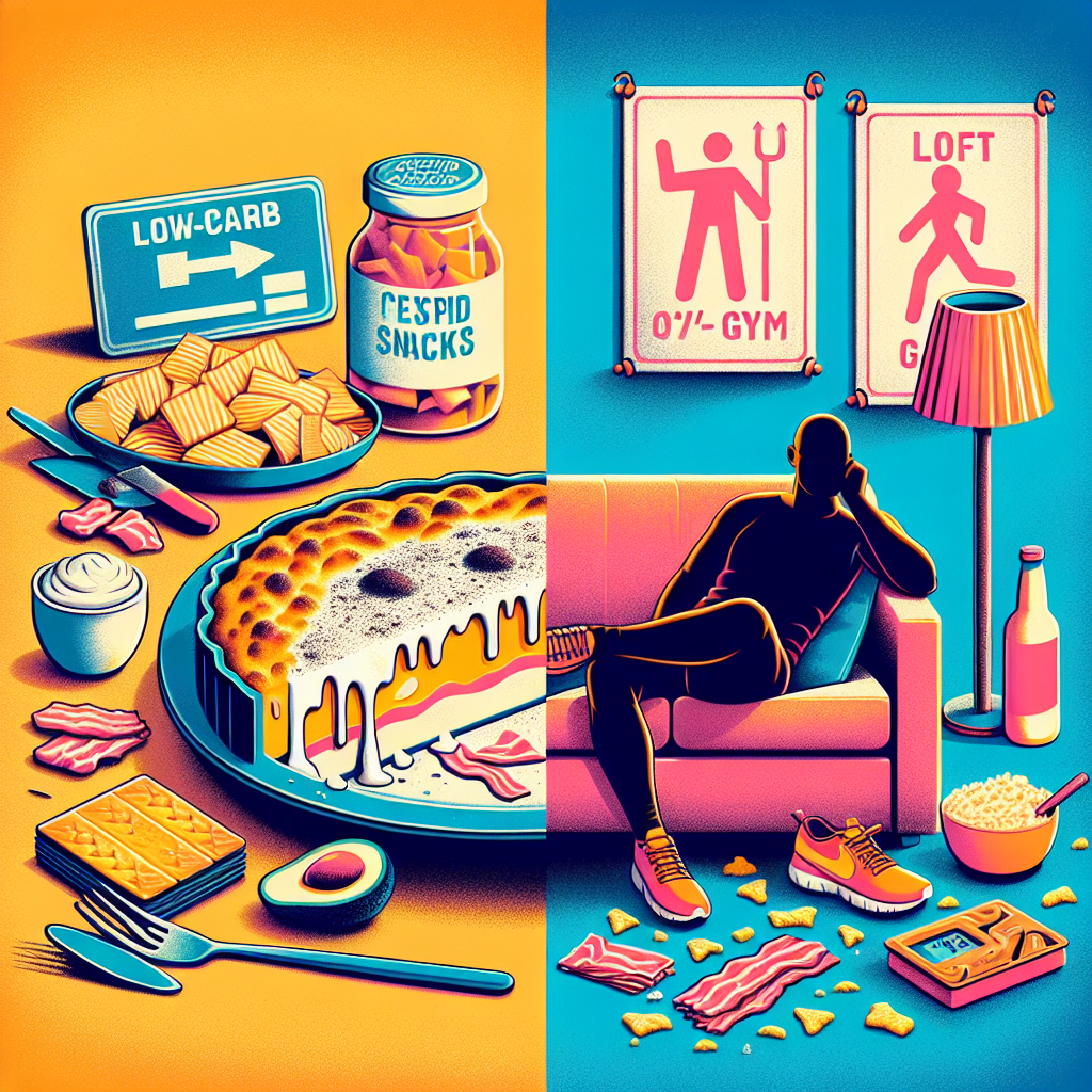 A vibrant, conceptual illustration depicting common pitfalls of a low-carb diet. On one side, a visually appealing yet calorie-dense plate of low-carb food (e.g., creamy casserole with cheese, bacon, and avocado). On the other, a silhouette of a person sitting passively on a sofa, reaching for a package of 'low-carb' processed snacks. In the background, a gym membership card lies unused next to a dusty pair of running shoes. The image should communicate 'too many calories, lack of movement, and unhealthy choices' in a clear, illustrative style.
