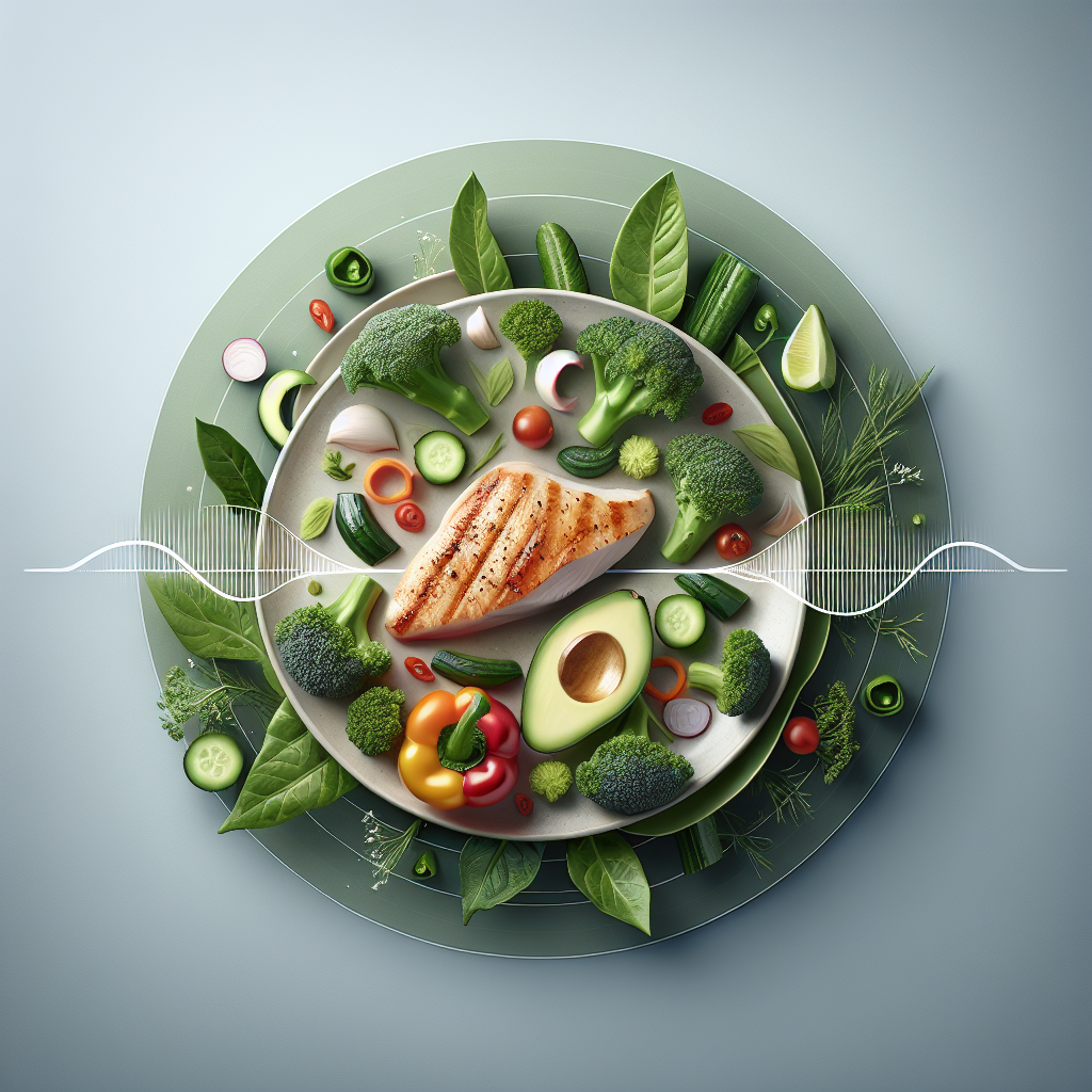 A modern, clean food photography image of a perfectly plated, abundant low-carb meal: a center dish of lean protein (like chicken breast or fish) surrounded by a colorful array of fresh, vibrant vegetables (broccoli, bell peppers, leafy greens) and healthy fats (avocado slices). The background features a soft, abstract visual element, such as a continuous, gently ascending wave or a stable, unfluctuating line, symbolizing consistent, sustainable weight management and the avoidance of the jojo effect. The overall mood is nourishing, reassuring, and stable, highlighting long-term health.