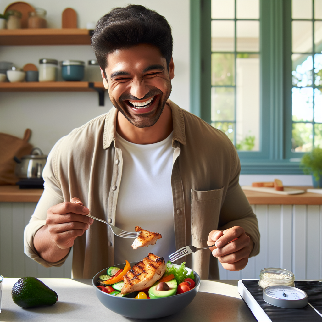 A diverse person in a bright, modern kitchen, happily enjoying a delicious and visually appealing low-carb meal (e.g., grilled chicken, colorful vegetables, avocado). No calorie counters or scales are visible, instead, the person looks relaxed and satisfied, embodying effortless healthy eating and weight loss without stress. Soft, natural light.