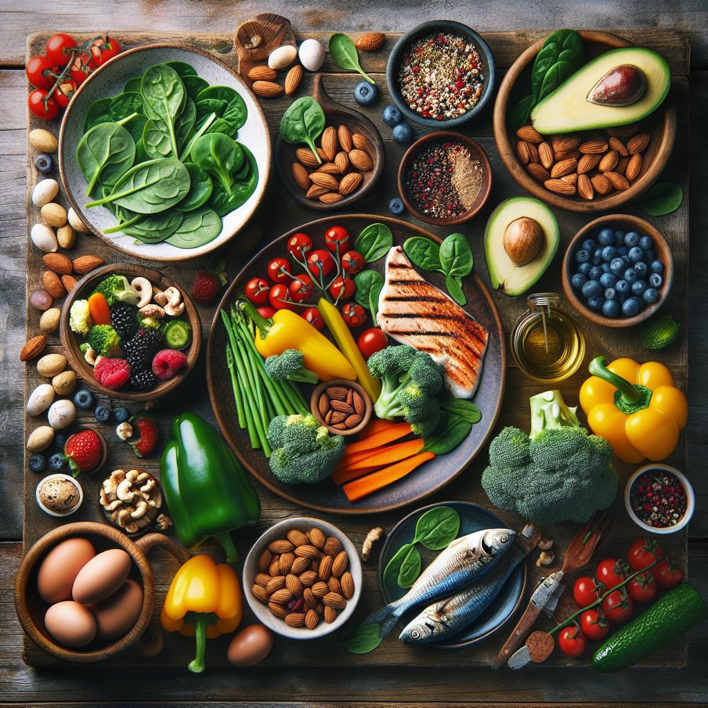 An inviting, abundant spread of various fresh, unprocessed low-carb foods neatly arranged on a rustic wooden table. Include colorful vegetables (broccoli, bell peppers, spinach), lean proteins (grilled fish, eggs), healthy fats (avocado, nuts), and berries. The scene should convey a feeling of natural satiety and effortless healthy eating, promoting weight loss without hunger. Top-down view, soft studio lighting.