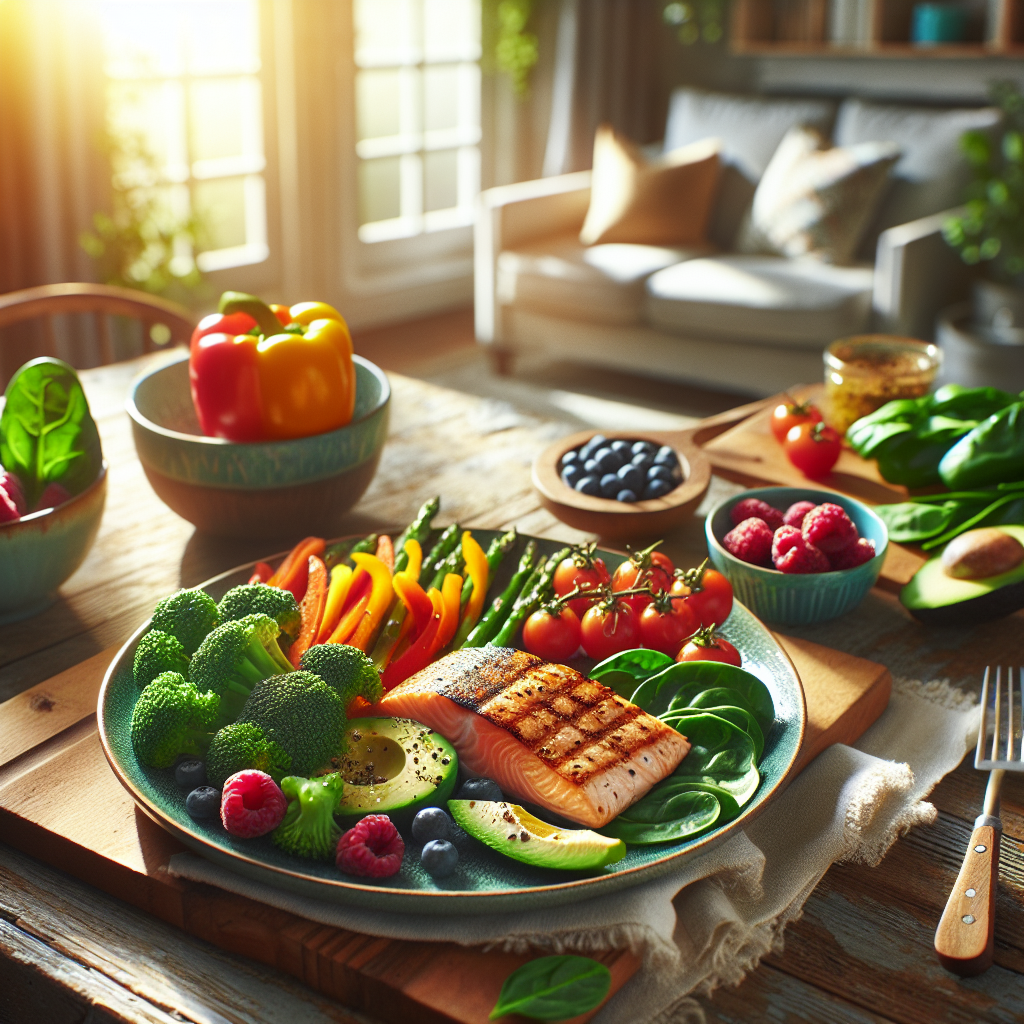A beautifully plated, vibrant low-carb meal featuring grilled salmon or chicken with an abundance of colorful, fresh vegetables (broccoli, bell peppers, spinach, avocado, berries). The setting is a cozy kitchen table, with soft, natural light. No sports equipment or workout gear is visible. The overall mood is healthy, appealing, and serene, emphasizing effortless healthy eating leading to weight loss.