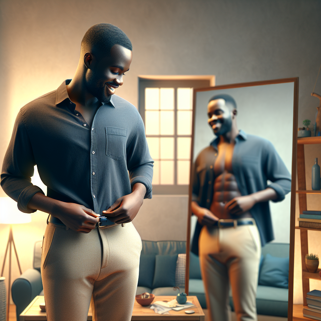 A happy, confident person in casual, everyday clothing (not workout attire) standing comfortably in their living room, subtly adjusting their waistband or smiling while looking in a mirror. The background shows a relaxed home environment. The person looks noticeably healthier and lighter, embodying successful weight loss achieved through diet alone, without any indication of physical exercise. Soft, warm lighting.