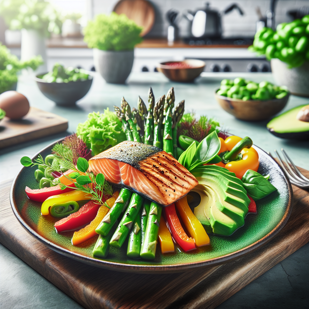 A vibrant and appealing close-up of a perfectly plated low-carb meal. The dish features a grilled salmon fillet, alongside bright green asparagus and colorful bell peppers, garnished with fresh herbs and a sliced avocado. The setting is a clean, modern kitchen counter, with soft natural light, and absolutely no gym equipment or activewear visible, conveying a healthy lifestyle achieved through diet alone.
