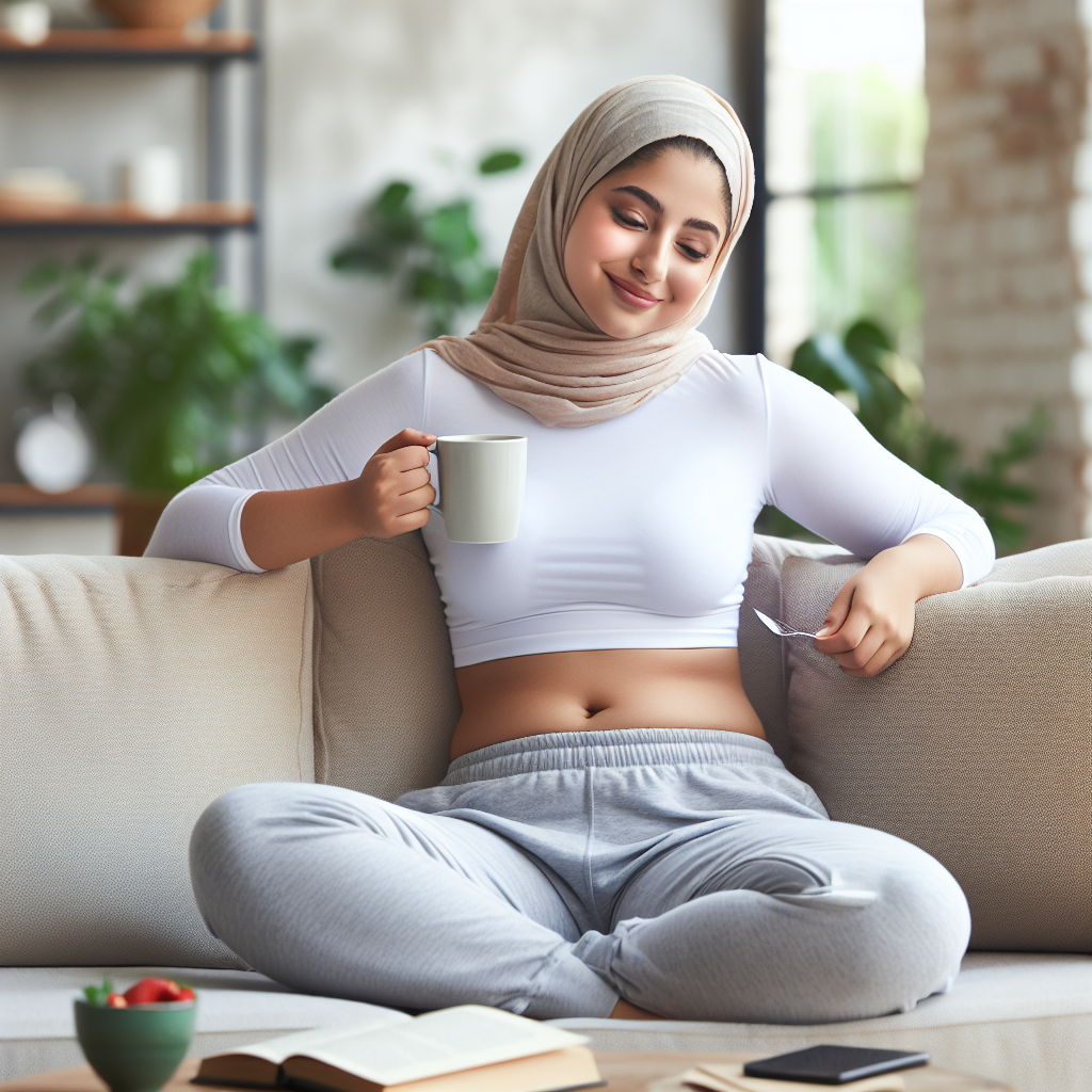 A serene and content person, visibly looking slimmer and healthier, relaxing comfortably on a modern sofa in a bright, inviting living room. They are casually dressed in everyday clothes, perhaps holding a book or a cup of herbal tea, with a peaceful expression. There are no elements of exercise equipment, sportswear, or strenuous activity visible in the image, emphasizing easy and effortless weight loss through dietary changes.