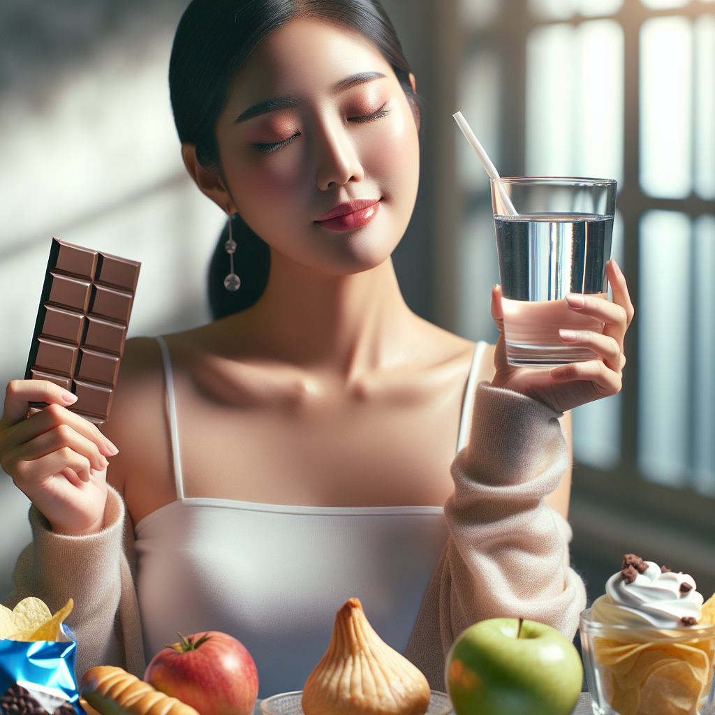 A person with a serene and empowered expression, gently pushing away or deflecting a collection of tempting comfort foods (like a chocolate bar, a bag of chips, and a pastry) that are subtly receding into the blurred background. In the foreground, the person holds a glass of fresh water or a single piece of vibrant fruit, symbolizing mindful choice and control over appetite. The setting is clean, bright, and calm, emphasizing clarity and well-being. Realistic style with soft lighting and a focus on inner peace and determination.