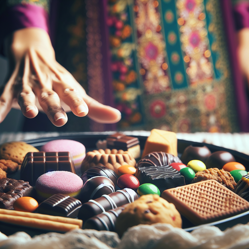 A close-up, high-angle shot of a person's hand gently but firmly pushing away a tempting platter filled with various sugary sweets like chocolates, cookies, and colorful candies. The background is softly blurred. The scene conveys a sense of willpower, control, and making a healthier choice. Realistic photographic style.