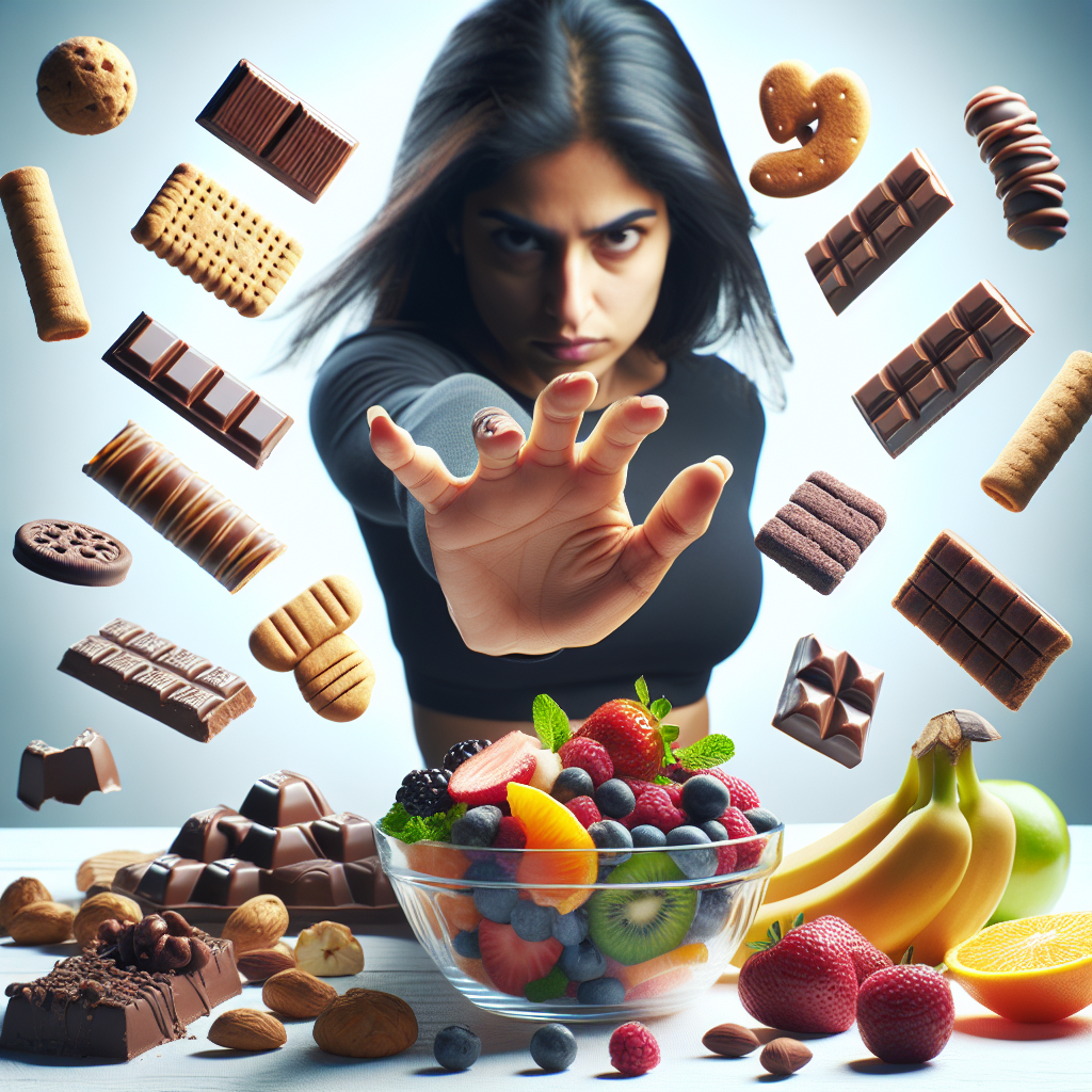 A determined person's hand confidently pushing away a tempting array of sugary treats like chocolate bars, cookies, and candy, while simultaneously reaching for a vibrant, healthy bowl of fresh berries, nuts, and sliced fruit. The background is clean and bright, emphasizing a conscious decision towards well-being and a healthier lifestyle. The image conveys empowerment and control over cravings.