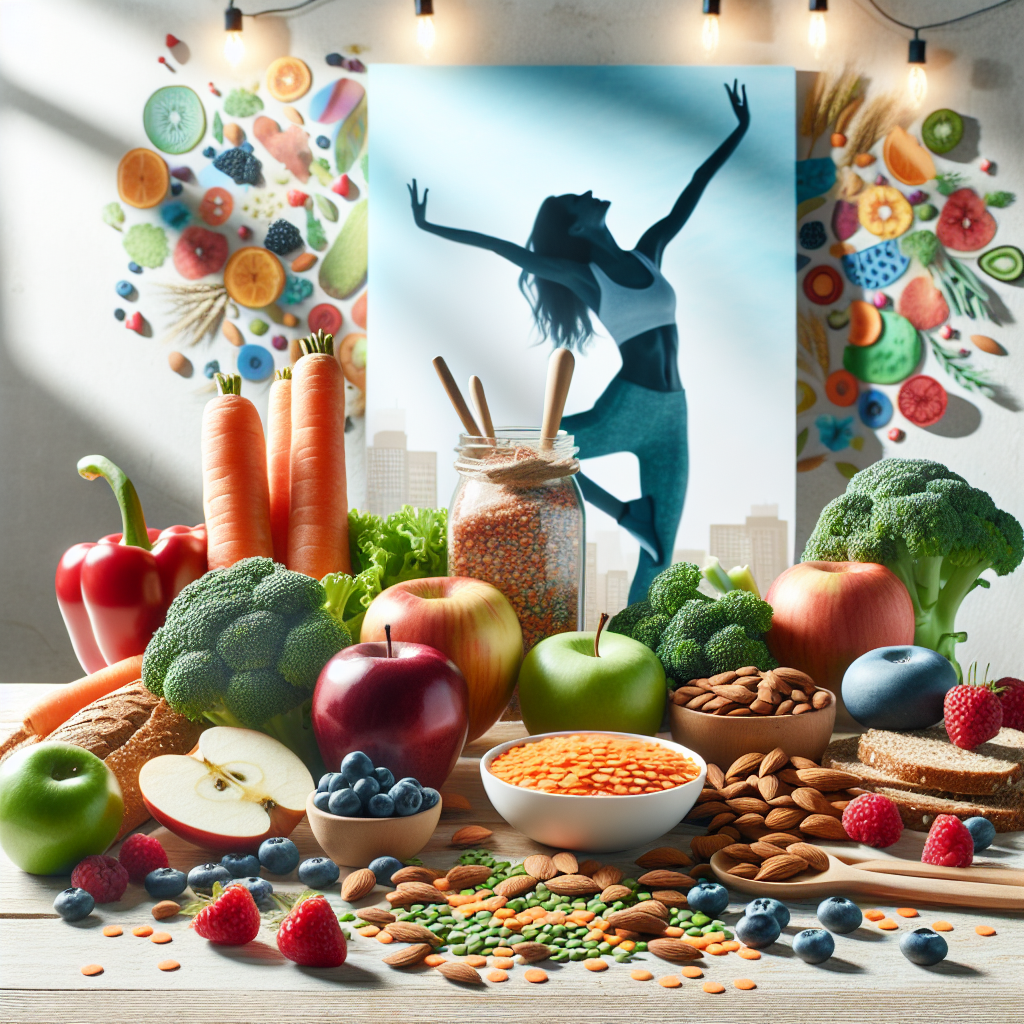 A vibrant, aesthetically pleasing flat lay of diverse, colorful fiber-rich foods: fresh berries, green apples, broccoli florets, carrots, whole-grain bread slices, a handful of lentils, and almonds, arranged artfully on a light wooden table. In the background, subtly blurred, a silhouette of a slender, happy person stretching, symbolizing vitality and successful weight loss. Bright, natural lighting, healthy lifestyle aesthetic.