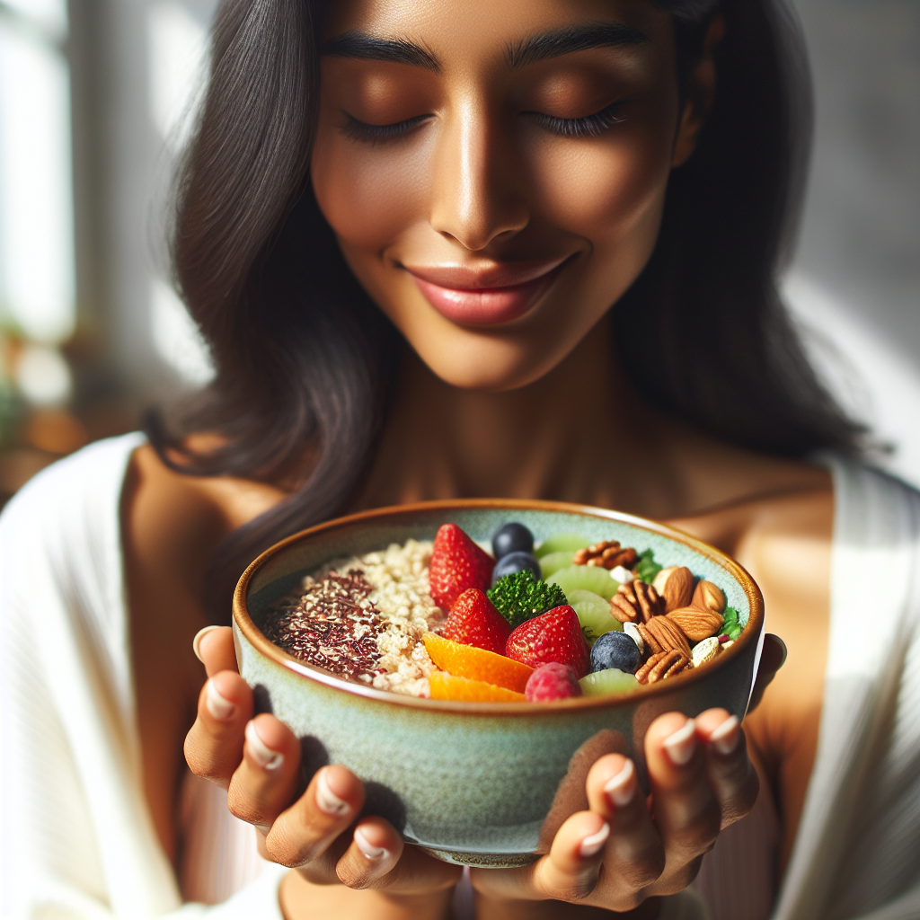 Close-up of a person's hands gently holding a beautiful bowl filled with a delicious, healthy, fiber-rich meal, such as a colorful oatmeal topped with fresh fruit and nuts, or a vibrant salad with quinoa and mixed vegetables. A subtle, content smile plays on the person's face, conveying a feeling of satisfaction and lasting fullness. The scene is bright and clean, emphasizing a nutritious and fulfilling meal experience.