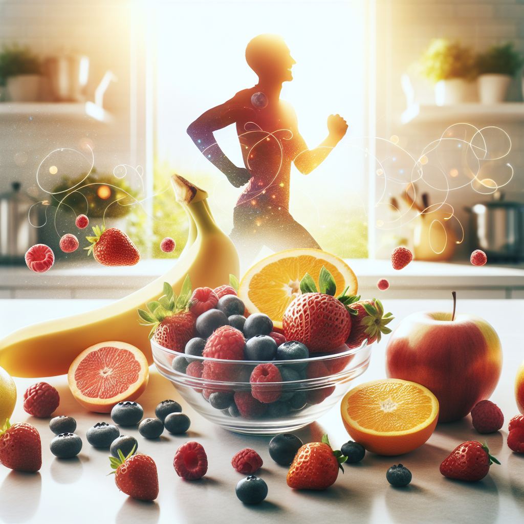 A vibrant and diverse selection of fresh fruits (strawberries, blueberries, raspberries, apples, bananas, oranges) artfully arranged in a clean, modern bowl on a bright kitchen counter. In the background, a silhouette of a person smiling and happily jogging outdoors, symbolizing healthy weight loss and vitality. Soft natural light, high-quality, inviting style.