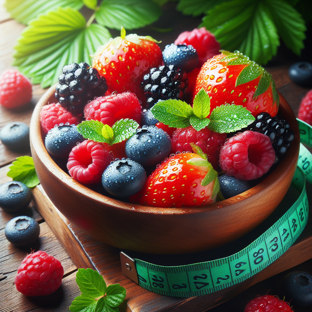 A close-up, appealing shot of a medley of fresh, ripe berries (strawberries, blueberries, raspberries, blackberries) glistening with tiny water droplets, presented beautifully in a rustic wooden bowl. A green leaf or a measuring tape could be subtly placed nearby, hinting at health and weight management. Bright, natural lighting, macro photography style.