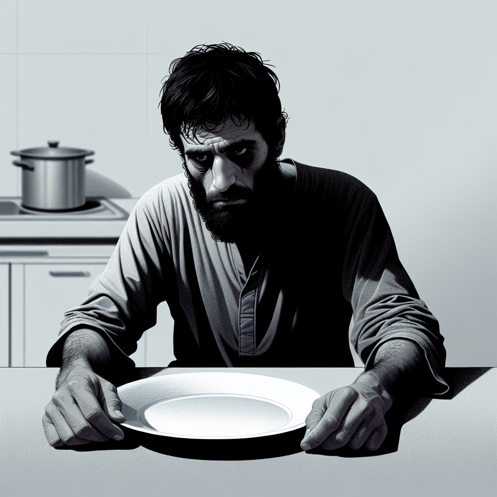 A person (gender-neutral) sitting alone at a bare kitchen table, looking exhausted and profoundly disheartened. Their plate is empty, and their posture is slumped, reflecting deep fatigue and constant hunger. Dark circles under their eyes. The background is minimalist and somewhat desaturated, emphasizing the lack and struggle. Realistic digital painting, somber mood.