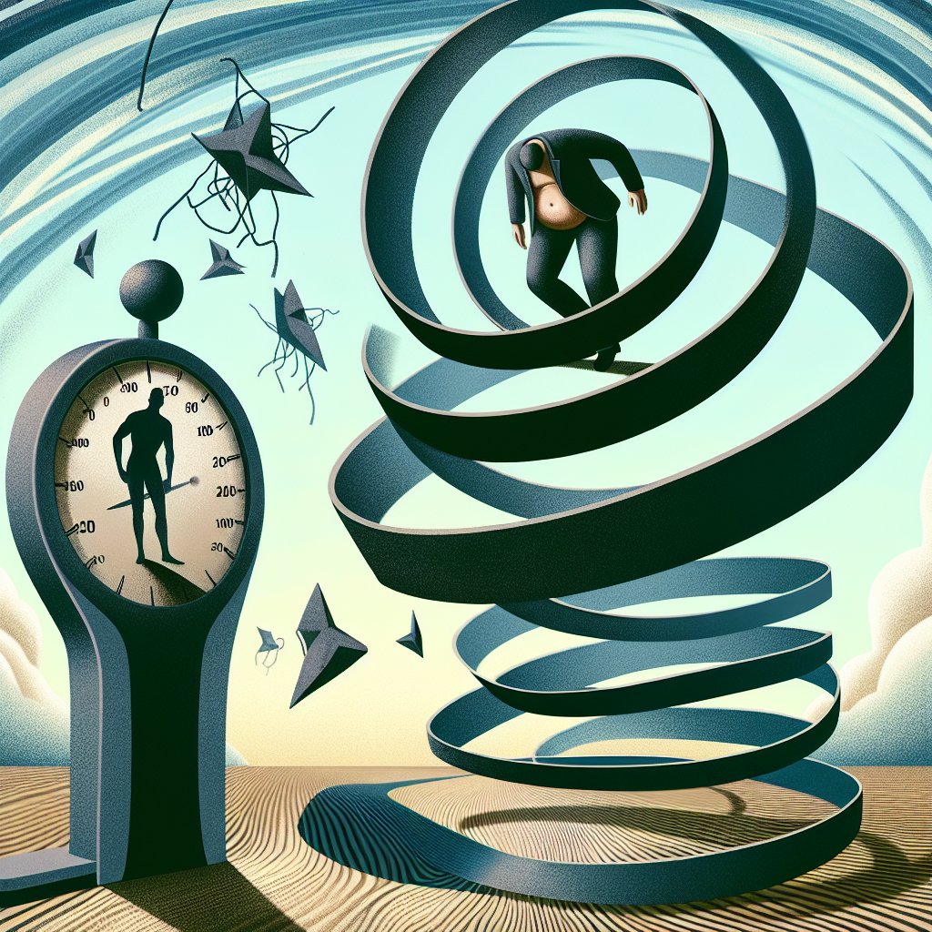 A visual representation of the 'yo-yo effect' in weight loss. A frustrated person (gender-neutral) is metaphorically trapped on a giant, perpetually moving yo-yo, repeatedly going up and down. They are visibly stressed and discouraged, with subtle visual cues like a broken scale nearby or a shadow of their former self. The background suggests a cycle, perhaps a winding path leading nowhere. Dynamic, illustrative style with a hint of surrealism, emphasizing the futility of temporary solutions.