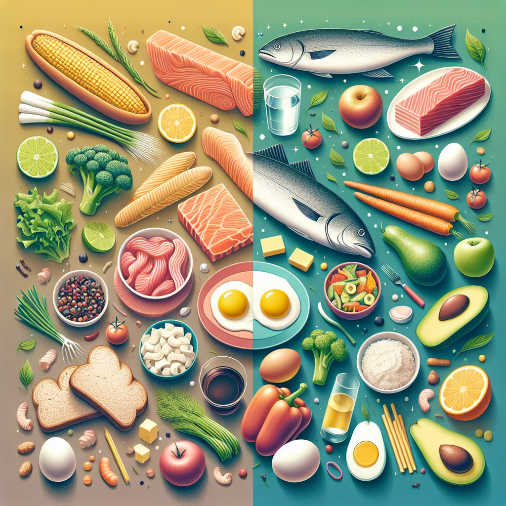 A visual representation of the 'Low Carb' principle: On one side, common high-carb foods like bread, pasta, and sugary treats are subtly deemphasized or crossed out. On the other side, an appealing and vibrant arrangement of low-carb ingredients is prominently featured, including grilled fish or meat, fresh colorful vegetables, eggs, and healthy fats like avocado. A subtle, abstract element in the background or between the sections suggests the body burning fat for energy. Clean, modern, and illustrative style.