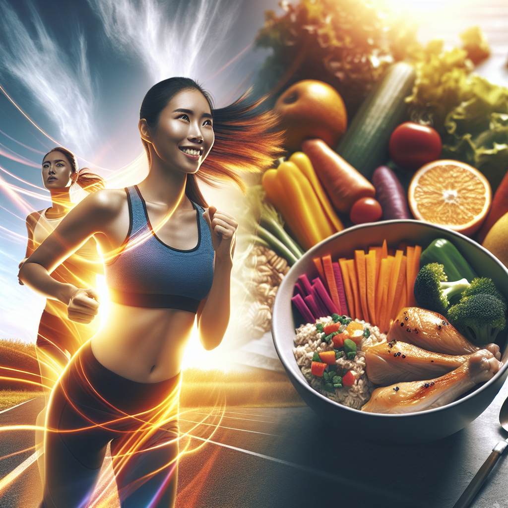 A vibrant, dynamic image of a happy, energetic person engaged in an enjoyable outdoor sport, such as running or cycling, with a healthy, balanced meal (e.g., a bowl with diverse vegetables, lean protein, and whole grains, or fresh fruits) casually placed nearby or subtly in the background. The overall aesthetic should convey vitality, well-being, and a sustainable lifestyle, emphasizing healthy habits over restrictive dieting. The person looks strong and healthy, not overly thin or struggling. Photorealistic, bright, and inviting colors.
