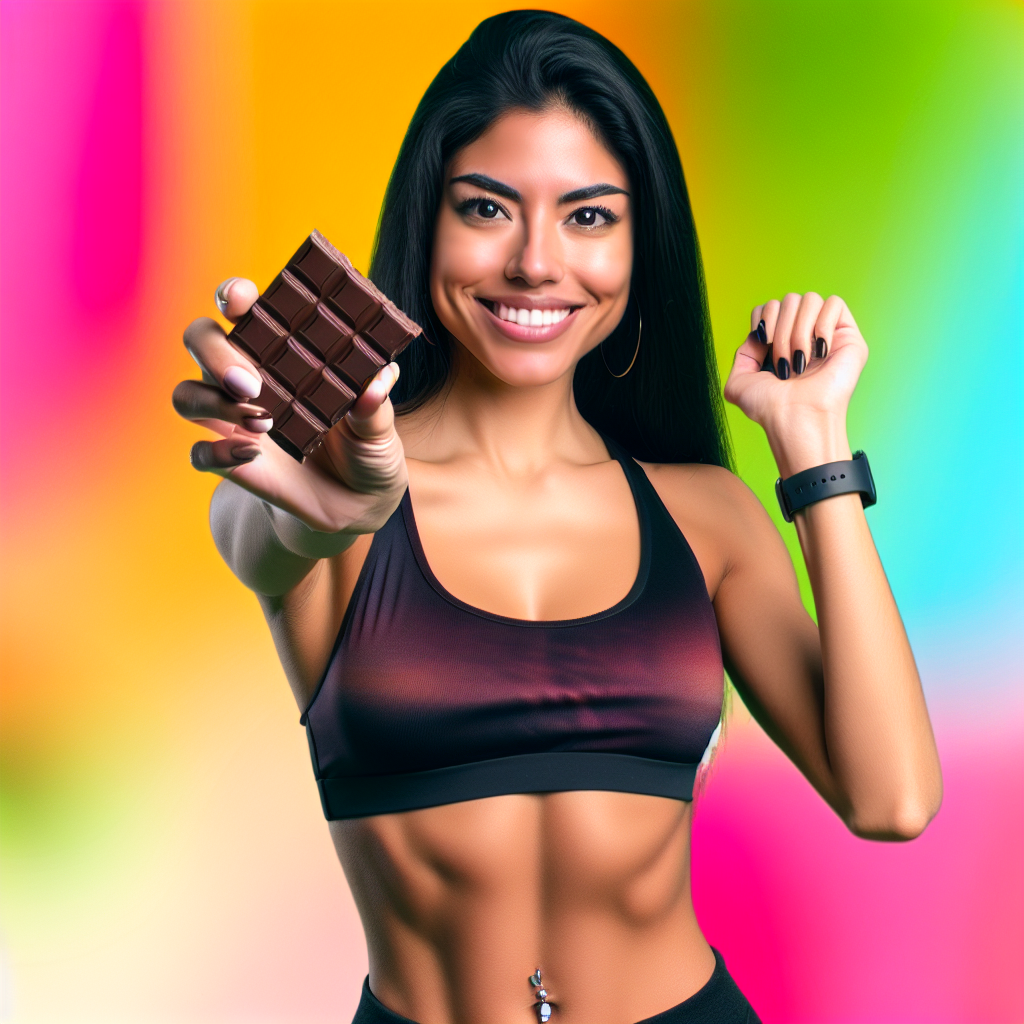 A fit, happy person smiling confidently while holding a single, small piece of delicious dark chocolate. The person looks healthy and energetic, implying successful weight management despite enjoying sweets. Bright, inviting background with a focus on a healthy, modern lifestyle. Realistic photography, positive and encouraging mood.