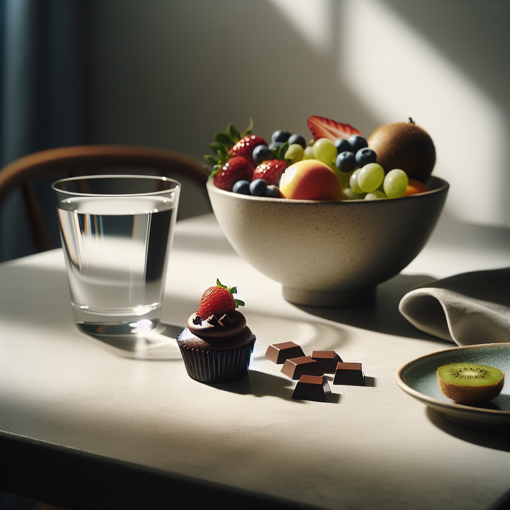 A beautiful, artfully arranged still life featuring a single, elegant dessert (like a small, gourmet cupcake or a couple of dark chocolate squares) placed thoughtfully next to a bowl of fresh, colorful fruit and a clear glass of water on a clean, minimalist table. The lighting is soft and natural, emphasizing mindful indulgence and balance. Clean, aesthetic photography, high detail.