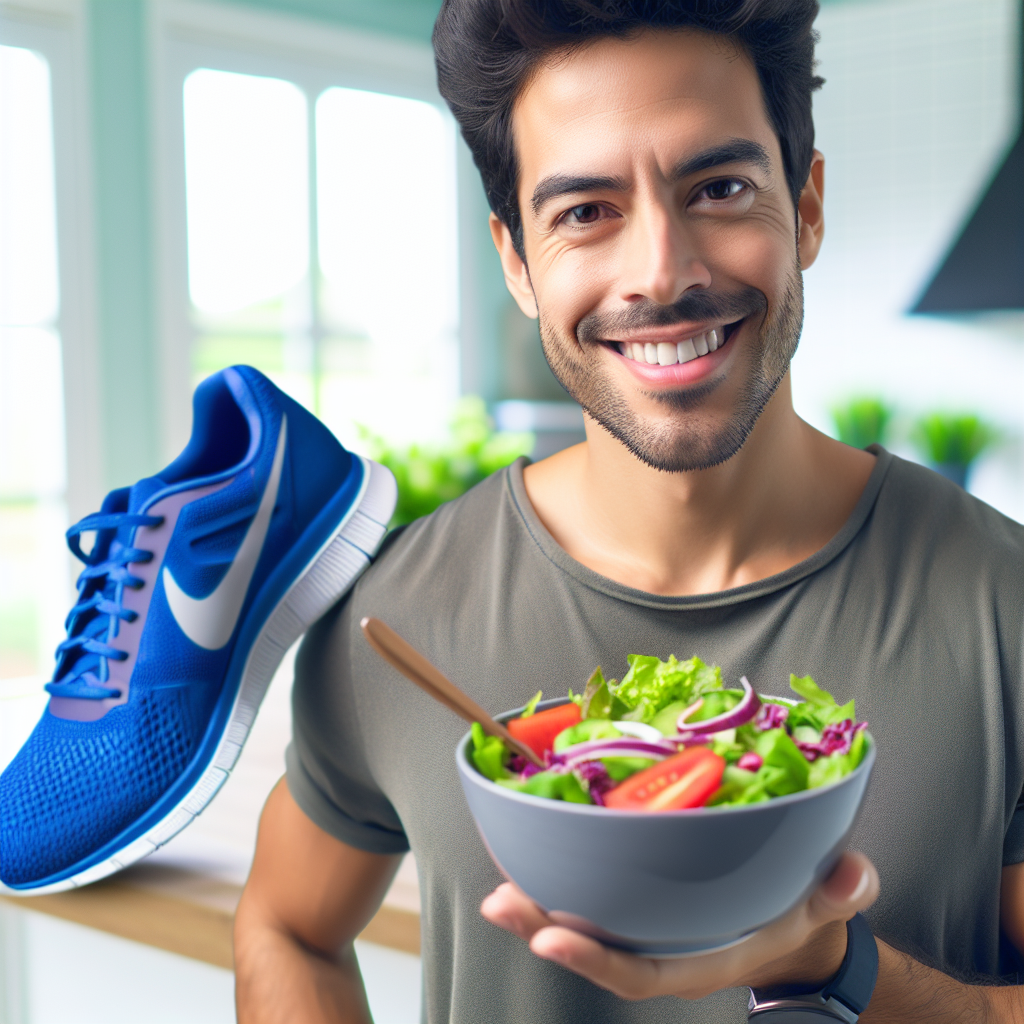 A person smiling confidently and healthily, holding a vibrant bowl of fresh salad, with a pair of running shoes visible in the background, set in a bright, modern kitchen. The image should convey a sense of motivation, well-being, and a balanced lifestyle for weight loss.