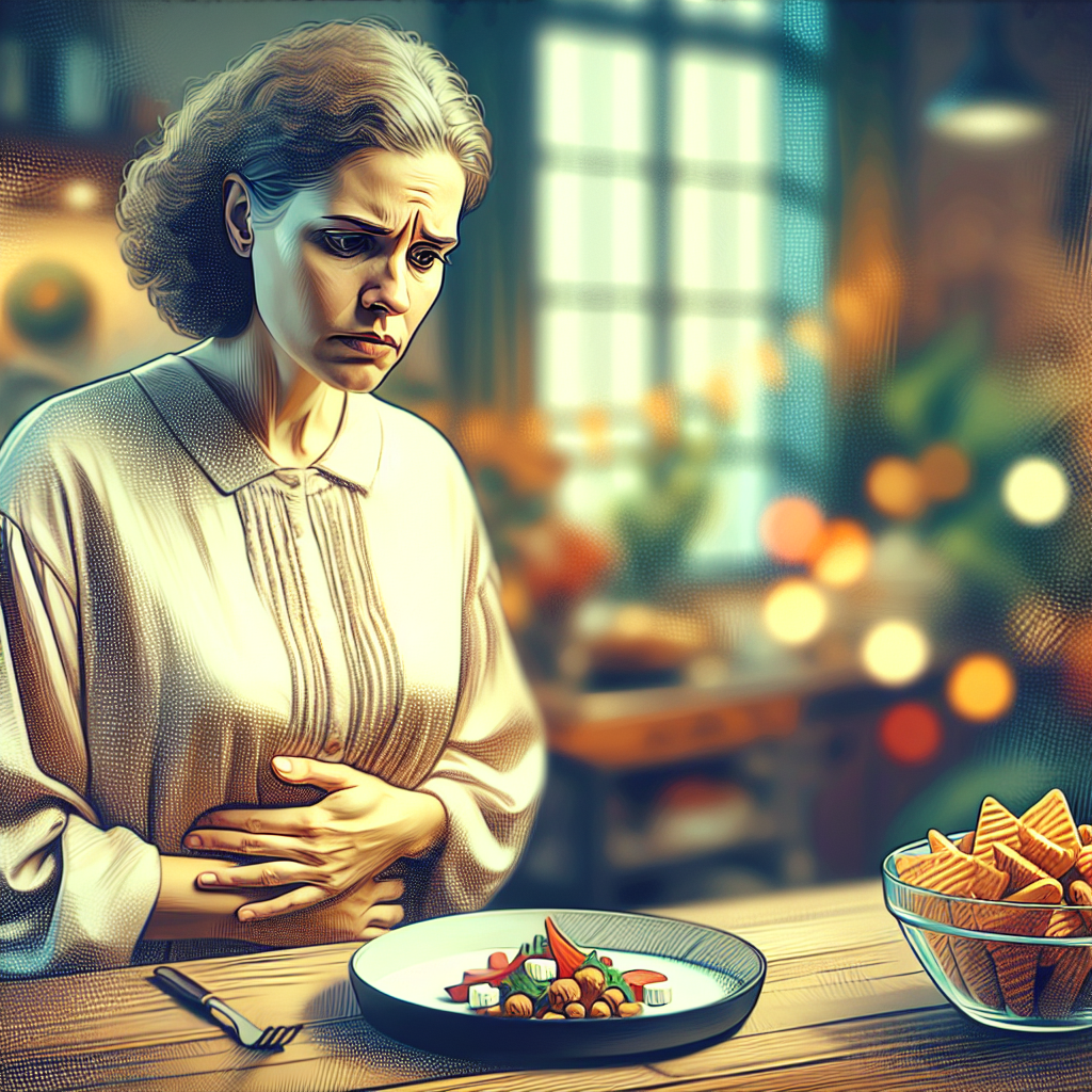 A visibly frustrated person, perhaps a woman, clutching her stomach with a hungry expression, looking at a small, unappealing portion of diet food on a plate. The background suggests a kitchen setting, perhaps with tempting, unhealthy snacks blurred in the distance. The mood is one of struggle and deprivation during weight loss. Realistic photo, natural lighting.
