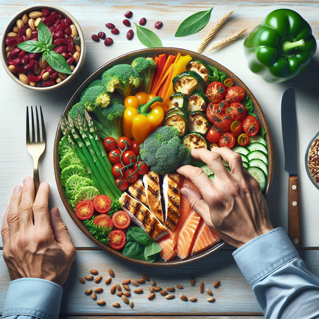 A vibrant, delicious, and abundant healthy meal prominently displayed on a plate, featuring colorful fresh vegetables (e.g., broccoli, bell peppers), lean protein (e.g., grilled chicken breast or salmon), and whole grains. A hand is reaching for a fork, and the overall scene conveys satisfaction, health, and pleasure in eating well while managing weight. Bright, natural lighting, high-angle realistic photo.