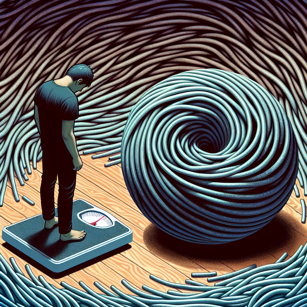 A person looking disheartened, standing on a fluctuating weight scale, surrounded by a swirling, repetitive pattern that symbolizes the 'Jojo Effekt' (yo-yo effect). A stylized, metaphorical yo-yo hovers nearby, representing the endless cycle of weight loss and regain. Darker tones, digital illustration, conveying frustration.