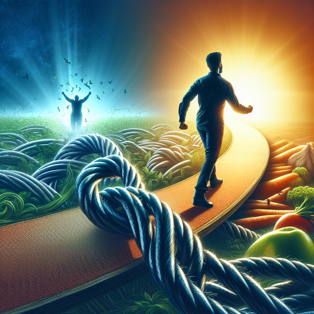 A confident person breaking free from a metaphorical 'yo-yo' loop or tangled chains, stepping onto a clear, brightly lit path. In the distance, a serene scene of healthy eating and joyful activity represents sustainable weight loss and a lasting lifestyle change. Optimistic colors, digital art, inspiring mood.