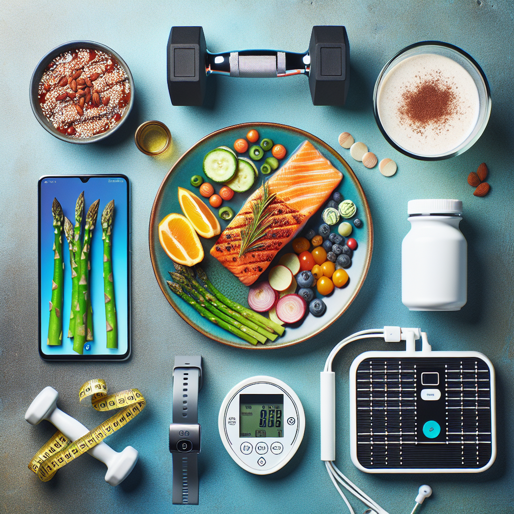 A vibrant flat lay from an aerial perspective, displaying key elements for a successful post-muscle-building cut: a plate with a high-protein meal (e.g., grilled salmon, asparagus, quinoa), a protein shake bottle, a set of small dumbbells, and a digital scale or a fitness tracker. The background is clean and modern, suggesting a focused and strategic approach to nutrition and training for fat loss and muscle preservation. Bright, appealing colors.