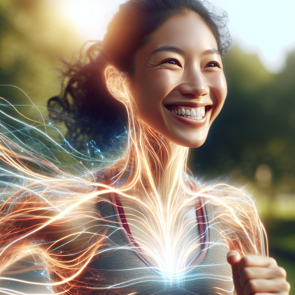 A vibrant and energetic person, full of life and smiling, engaging in a healthy activity like brisk walking or light stretching outdoors in a bright, natural setting. Dynamic, glowing abstract lines or subtle energy pulses emanate from their core, symbolizing a revitalized, fast metabolism and newfound energy after quitting smoking. The overall mood is optimistic and full of vitality.