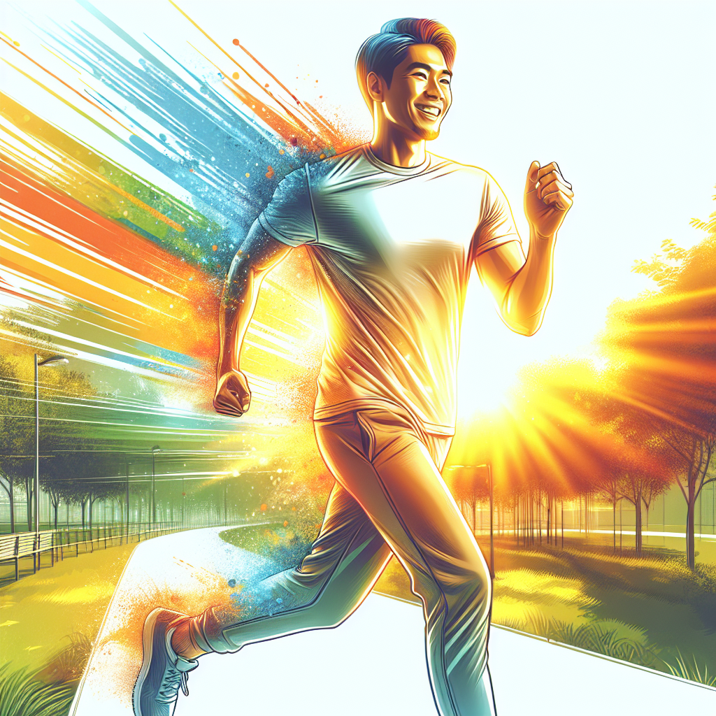 A vibrant and energetic person, smiling and engaging in light outdoor exercise like jogging or brisk walking in a sunny park. The scene should convey a sense of renewed health, vitality, and a boosted metabolism, symbolizing the positive transformation and freedom after quitting smoking. Bright, optimistic colors, dynamic composition, digital illustration.