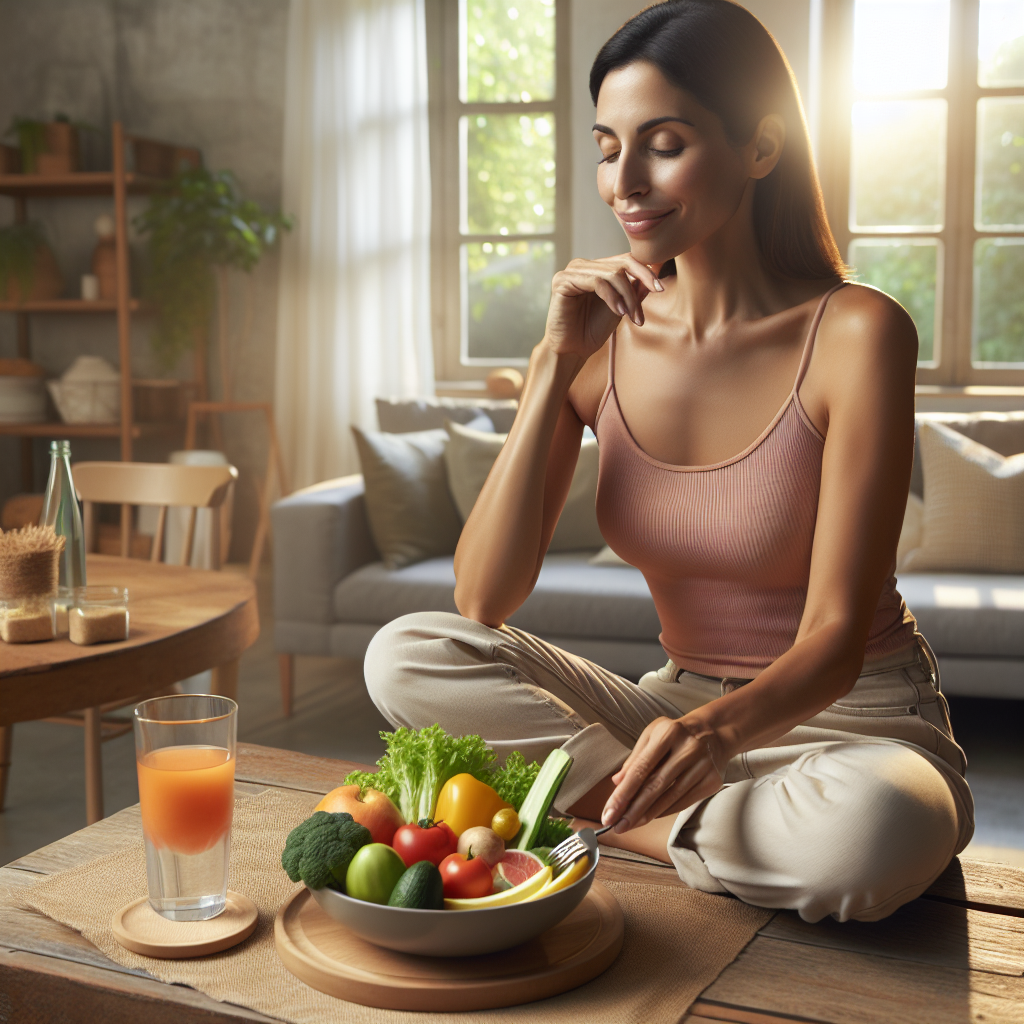 A serene and content person, perhaps a woman in her 30s-40s, casually enjoying a wholesome, colorful meal of fresh vegetables and fruit along with a glass of water in a bright, comfortable home environment. The atmosphere is peaceful and relaxed, emphasizing a sustainable, healthy lifestyle and effortless well-being without any visible signs of strenuous exercise or restrictive dieting. Soft, natural lighting. Realistic style.