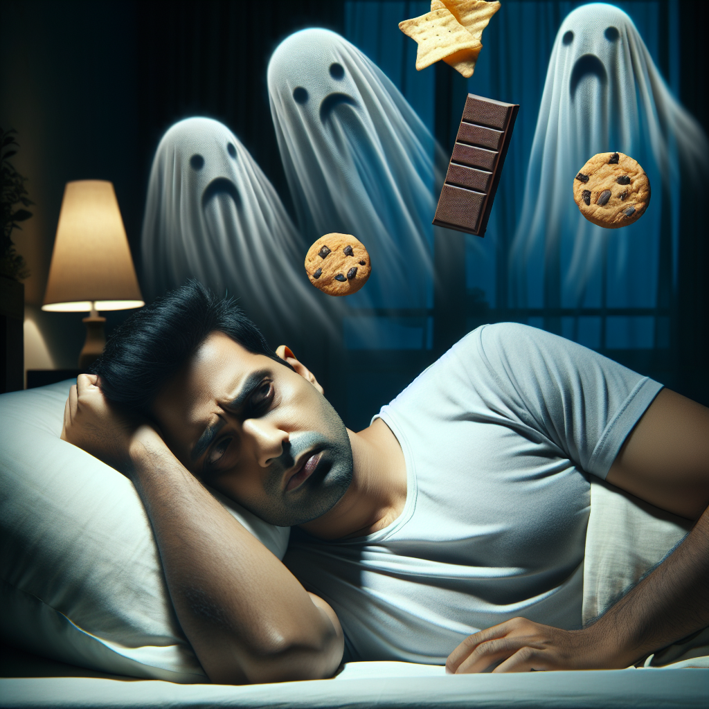 A person, visibly restless and slightly distressed, lying in bed in a dimly lit, calm bedroom at night. Above their head, ethereal, almost ghost-like silhouettes of various snacks (chips, chocolate, cookies) subtly swirl, symbolizing their nighttime food cravings. The scene should convey a sense of disturbed sleep and the internal struggle against these urges, with a focus on a serene yet troubled atmosphere. High-quality, realistic, slightly dramatic lighting.