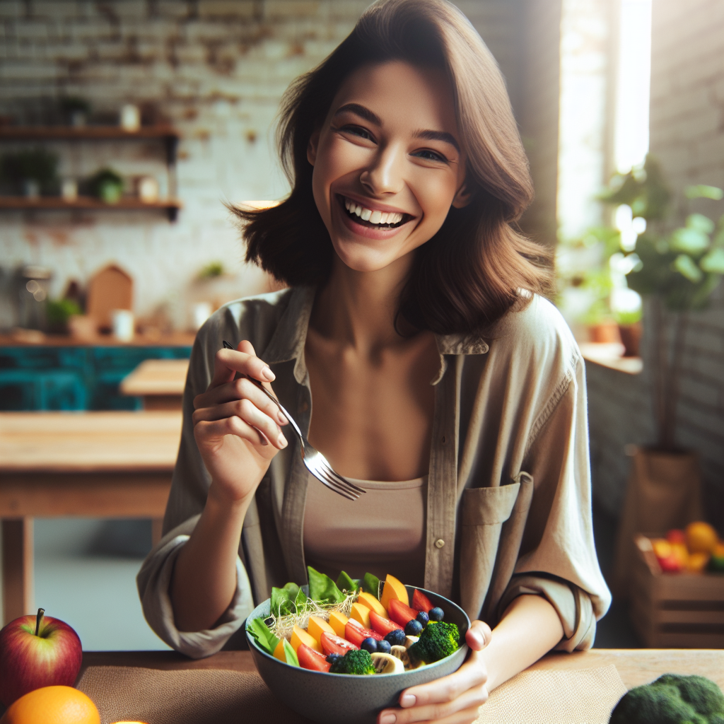 A joyful and healthy person, gender-neutral, with a relaxed smile, enjoying a delicious, colorful, and fresh meal (e.g., a vibrant salad or fruit smoothie bowl) in a bright, inviting home environment. The scene emphasizes well-being, sustainability, and freedom from diet stress. Soft, natural lighting. High-quality photographic style, warm tones.