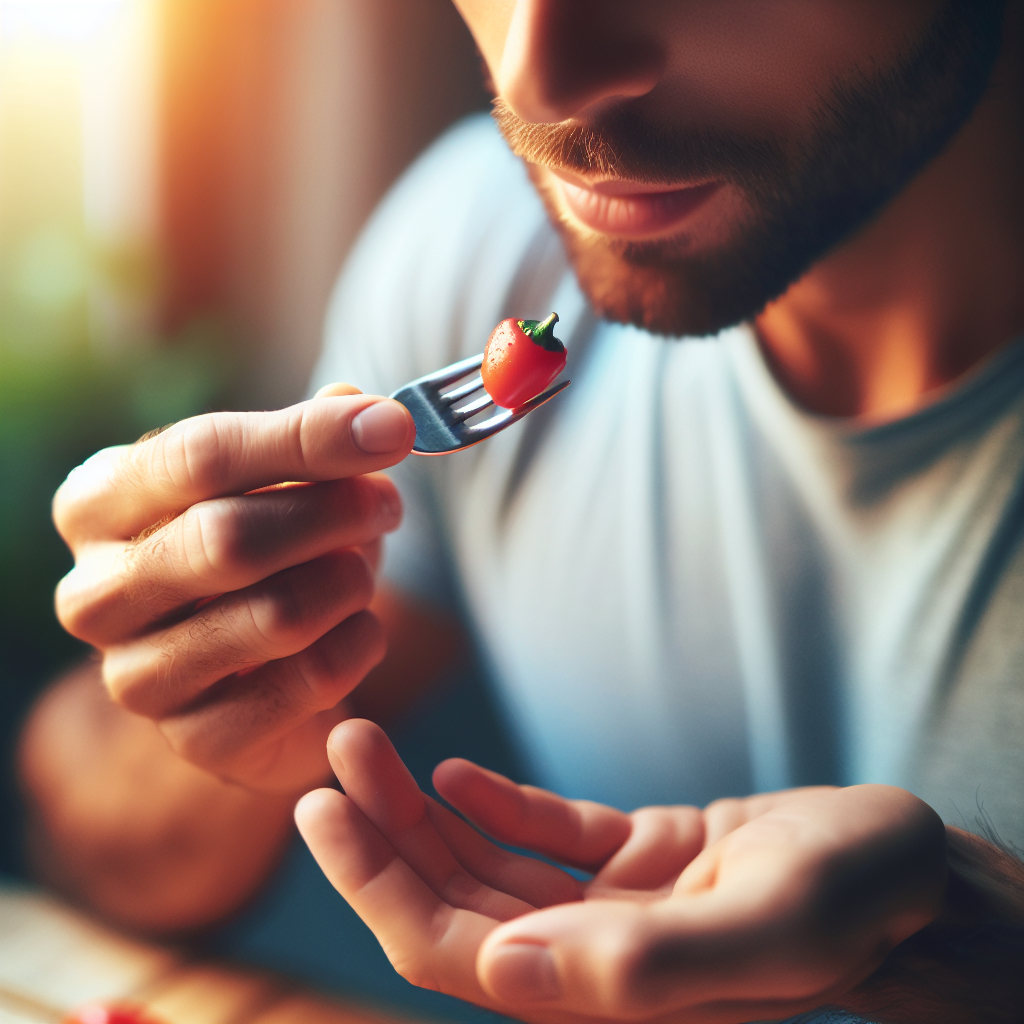 A close-up, high-angle shot focusing on a person's hands gently holding a fork, poised to bring a small, fresh bite of food (e.g., a piece of bell pepper or a berry) to their mouth. The background is softly blurred, indicating a calm, focused environment. The image conveys the concept of mindful eating and listening to one's body's hunger and satiety cues. Natural daylight, warm and inviting colors. High-quality photographic style.