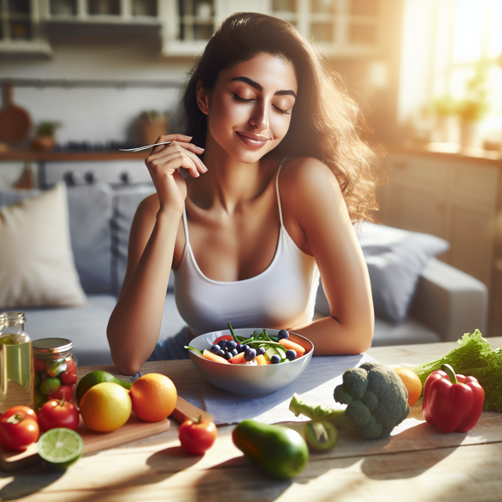 A serene and happy woman enjoying a healthy, colorful meal at a sunlit kitchen table, surrounded by fresh fruits and vegetables. She looks relaxed and content, embodying natural well-being in her everyday life, with no gym equipment or workout gear visible. The scene emphasizes a calm, healthy lifestyle achieved through diet, not strenuous exercise.