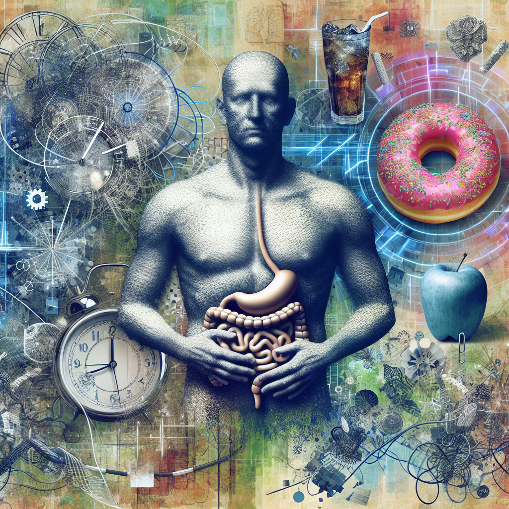 A conceptual image of a human torso with a prominent belly, surrounded by visual metaphors for stress (e.g., tangled wires, a ticking clock) and unhealthy eating (e.g., a donut, a soda can). The background hints at a chaotic modern lifestyle, with muted, slightly desaturated colors. Editorial, thought-provoking style.