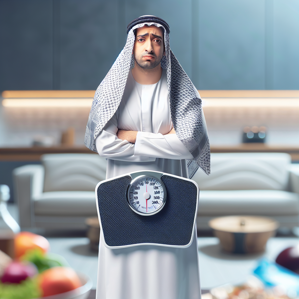 A person (gender-neutral, diverse) standing on a large, unmoving weighing scale in a modern, clean environment. The digital display on the scale shows the exact same number repeatedly. The person looks slightly frustrated, puzzled, or demotivated, with workout gear and healthy food items subtly in the blurred background, emphasizing their efforts. Realistic, high-quality photograph, soft natural lighting.