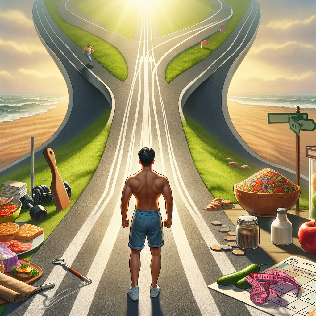 A person (gender-neutral, diverse) at a metaphorical 'crossroads' or 'turning point'. One path behind them is flat and seemingly endless (representing a weight loss plateau), while they are stepping onto a slightly different, winding path that hints at new opportunities or a gradual ascent. The person looks determined and hopeful. Around them, subtle visual cues of 'small changes' like a slightly different type of healthy food, a new exercise prop, or a calendar with new plans are visible. Bright, empowering lighting, cinematic feel.