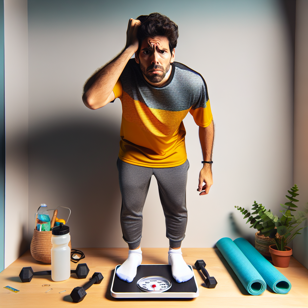 A person, visibly frustrated or confused, standing on a bathroom scale that displays a higher weight, despite being dressed in modern athletic wear. In the background, subtle hints of a fitness routine are visible, such as a yoga mat, dumbbells, or a water bottle. The lighting is soft and relatable, capturing the feeling of effort without immediate reward.