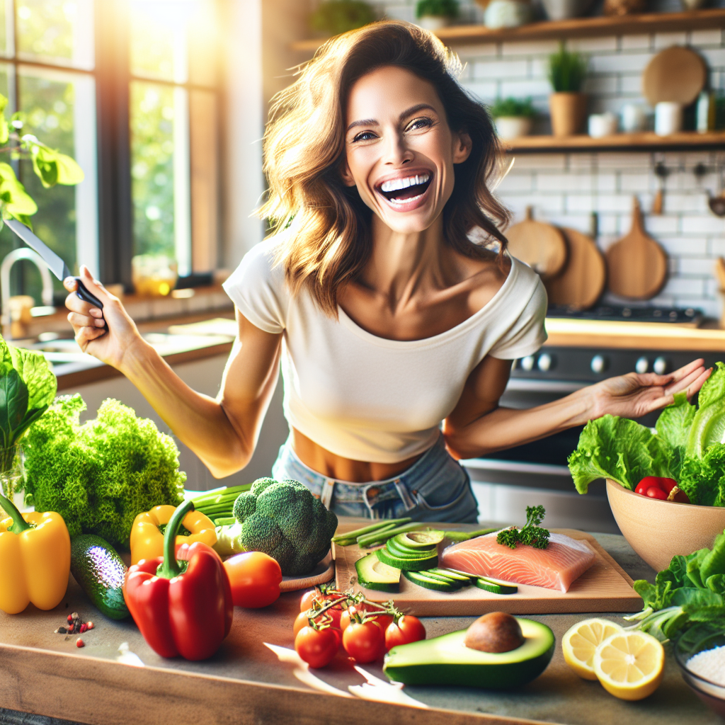 A bright and inviting image of a person happily preparing a delicious, colorful low-carbohydrate meal. The kitchen counter is filled with fresh ingredients like leafy greens, vibrant bell peppers, lean fish or chicken, and avocado, with a notable absence of bread, pasta, or rice. The person looks engaged and healthy, embodying the positive aspects of a low-carb diet. Modern kitchen setting, natural light.