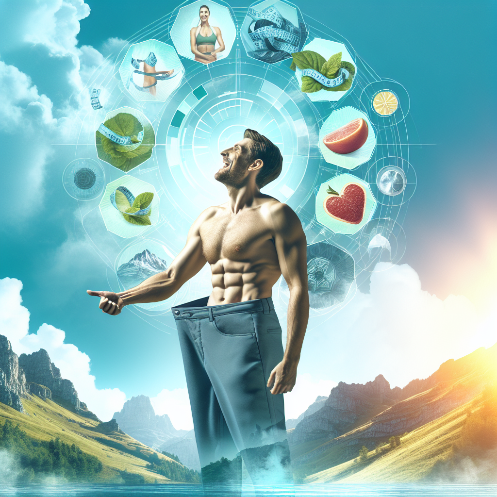 An empowering image of a person (gender-neutral, athletic build) confidently celebrating successful weight loss, perhaps by showing off a slightly looser pair of pants or a confident pose, while also looking energetic and vibrant. A subtle background element could suggest stable energy levels or the absence of cravings, like a serene landscape or calm color palette. The overall mood is achievement, sustained well-being, and vitality, clearly linked to healthy lifestyle changes.