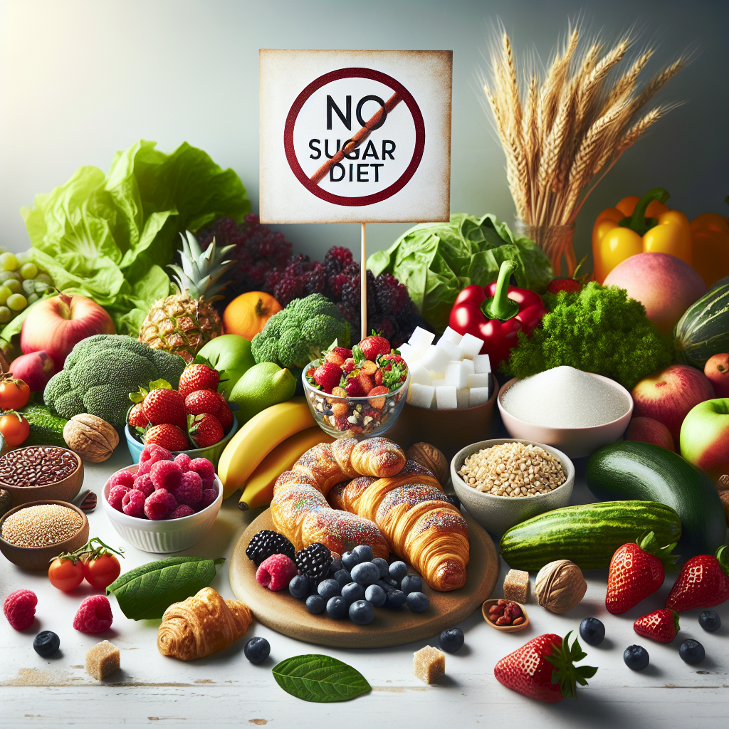 A vibrant still life demonstrating a 'No Sugar Diet': on one side, a colorful and abundant display of fresh, natural foods like berries, leafy green vegetables, whole grains, and nuts. On the other side, a small, subtle pile of white sugar cubes or a discreetly crossed-out sugary pastry, emphasizing the rejection of added sugar. Bright, clean lighting and a positive, healthy atmosphere.