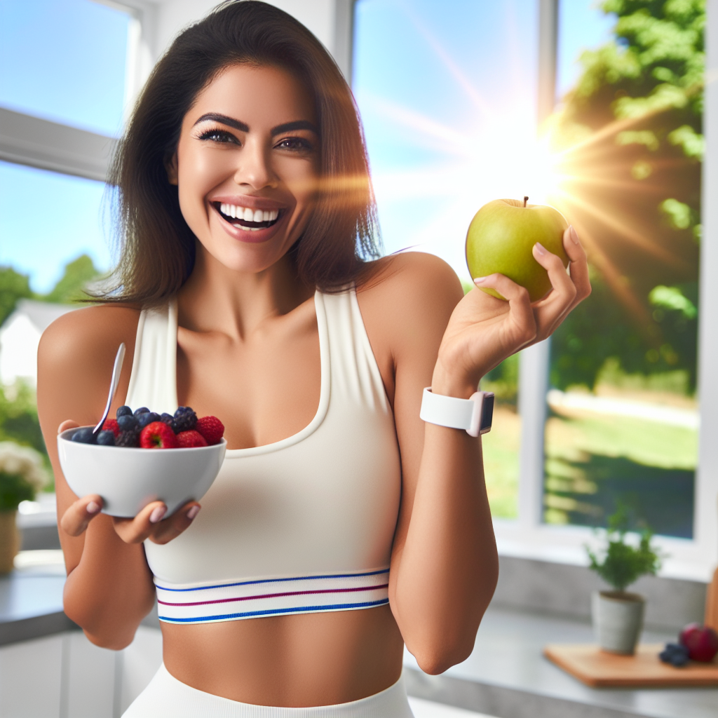 A joyful and energetic person, in their 30s-40s, exuding confidence and health, is happily reaching for a fresh, crisp apple or a bowl of berries. They are dressed in comfortable, active wear, perhaps in a bright, modern kitchen or a sunlit park setting. The image should convey a sense of renewed energy, successful weight loss, and overall well-being achieved through a sugar-free diet. The style is bright, optimistic, and slightly aspirational.